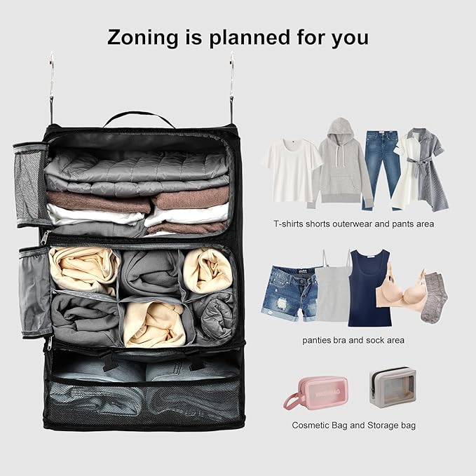 TABITORA Travel Portable Hanging Shelves Closet Organizer Packing Luggage Storage with Multifunctional and Foldable Invisible Compartment,Lightweight, for Suitcase, RV,Closet…Black,XXL