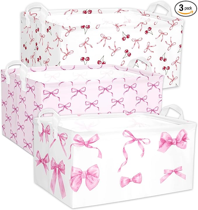3 Pcs Pink Bow Storage Basket, Coquette Girls Rectangle Storage Bins Box with Handles, Bows and Chery Shelf Basket Ideal for Room Nursery Decor, Books, Organizing Clothes, Toys