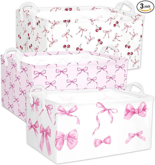 3 Pcs Pink Bow Storage Basket, Coquette Girls Rectangle Storage Bins Box with Handles, Bows and Chery Shelf Basket Ideal for Room Nursery Decor, Books, Organizing Clothes, Toys