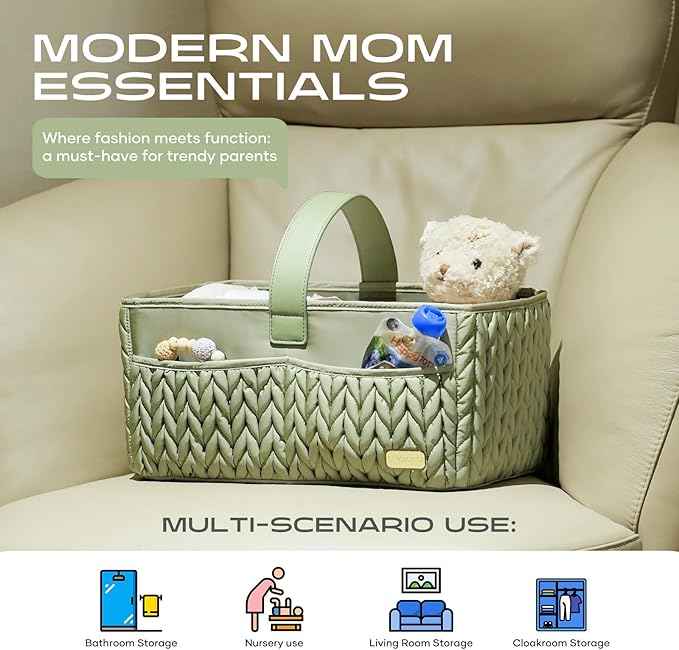 Luxurious Baby Diaper Caddy, Nursery Storage Basket for Newborn Essentials, Travel Baby Basket for Diapers Baby Wipes, Organizer Tote Bag Storage Bin, Baby Shower Gifts(Sage Green)