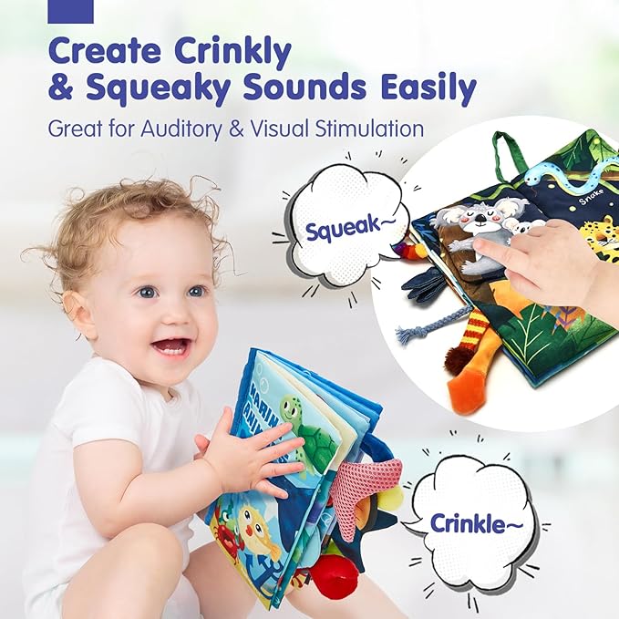 hahaland Baby Toys 0-6 Months - Crinkle Books for Babies 2-Pack, Soft Cloth Sensory Touch Feel Baby Book 6-12 Months, Infant Tummy Time Toys 3 Month Newborn Baby Boys Gifts Christmas Stocking Stuffers