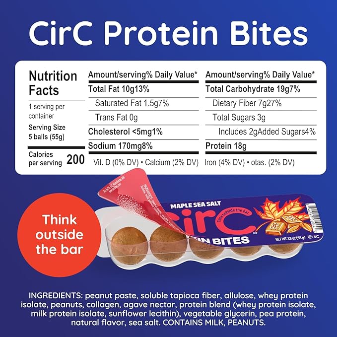 CirC Protein Bites - 12 Count Maple Sea Salt High Energy Balls - 18g of protein 4g Collagen, 5g net carb, Whey & Peanuts - Portable Healthy Snacks in 5-Piece Resealable Packs