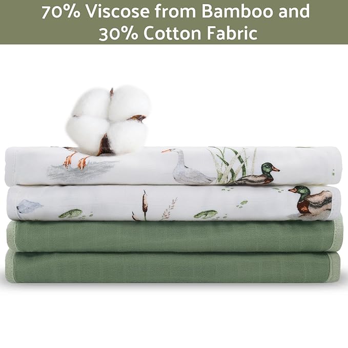 LifeTree Muslin Baby Burp Cloths - 2 Pack 70% Viscose from Bamboo and 30% Cotton Large 22'' by 10'' Absorbent Milk Spit Up Rags - Burping Cloths for Newborn, Girls Boys, MallardDuck & Olive