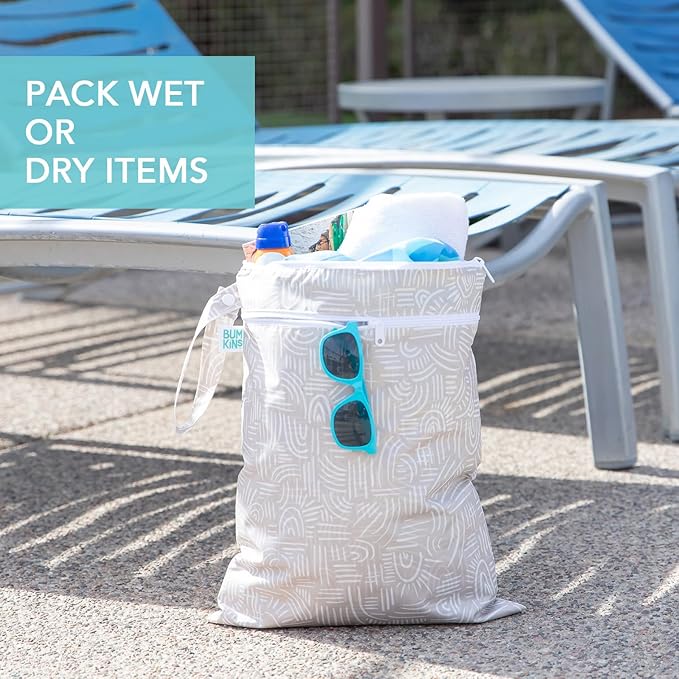 Bumkins Waterproof Wet Dry Bag for Baby, Travel, Swim Suit, Cloth Diapers, Pump Parts, Pool, Beach, Gym Clothes, Toiletry, Hook to Stroller, Daycare, Zipper Reusable Wetdry Packing Pouch, Boho Beige