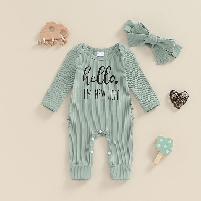 Newborn Baby Girls Rompers Knit Round Neck Long Sleeve Infant Fall Jumpsuits with Headband Coming Home Outfit