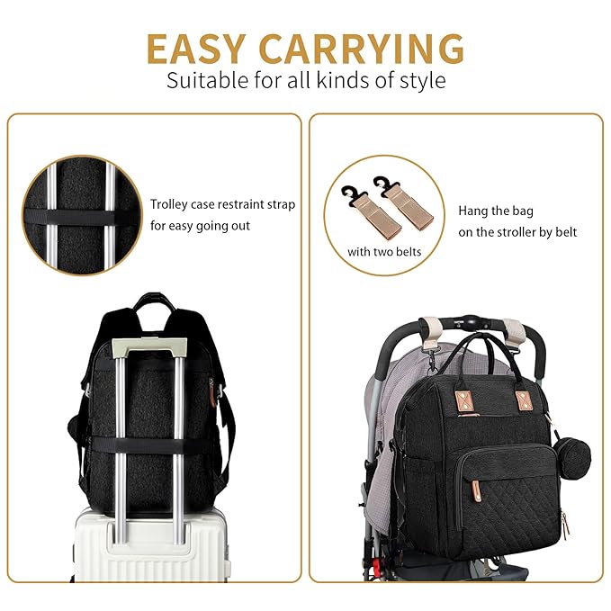 Diaper Bag Backpack with Changing Station Portable 3 in 1 Multifunction Backpack Travel mommy bag Stroller Black