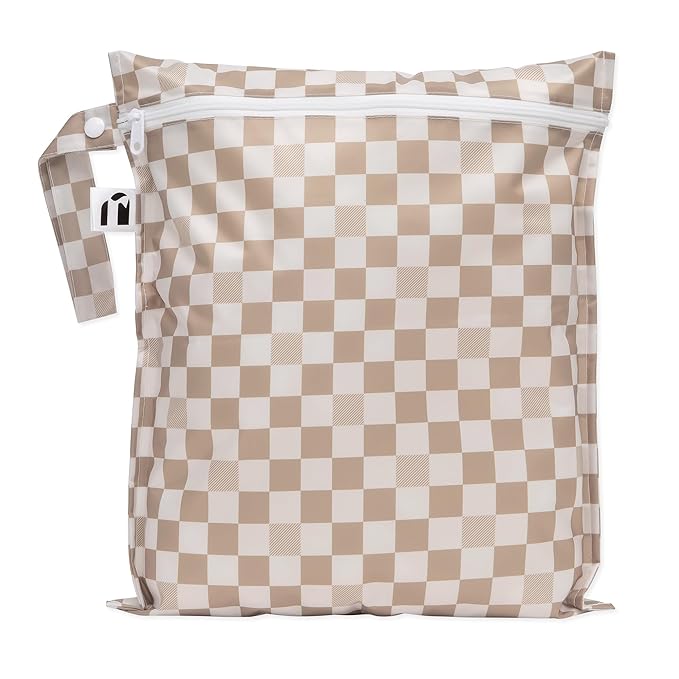 Roamio Waterproof Wet Bag for Baby, Travel, Swim Suit, Cloth Diaper, Pump Parts, Pool, Gym Clothes, Beach, Toiletry, Hook to Stroller, Daycare, Zipper Reusable Bag, Wetdry Packing Pouch, Beige Check
