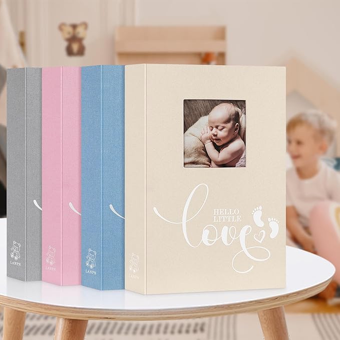 Lanpn Baby Photo Album 4x6 300 Pockets, Linen Hardcover Newborn Memory Book with Memo Writing Area, Bebe Photobook, Slip-in Picture Book, Ultrasound Album Keepsake Gifts for Boy Baby Shower Blue