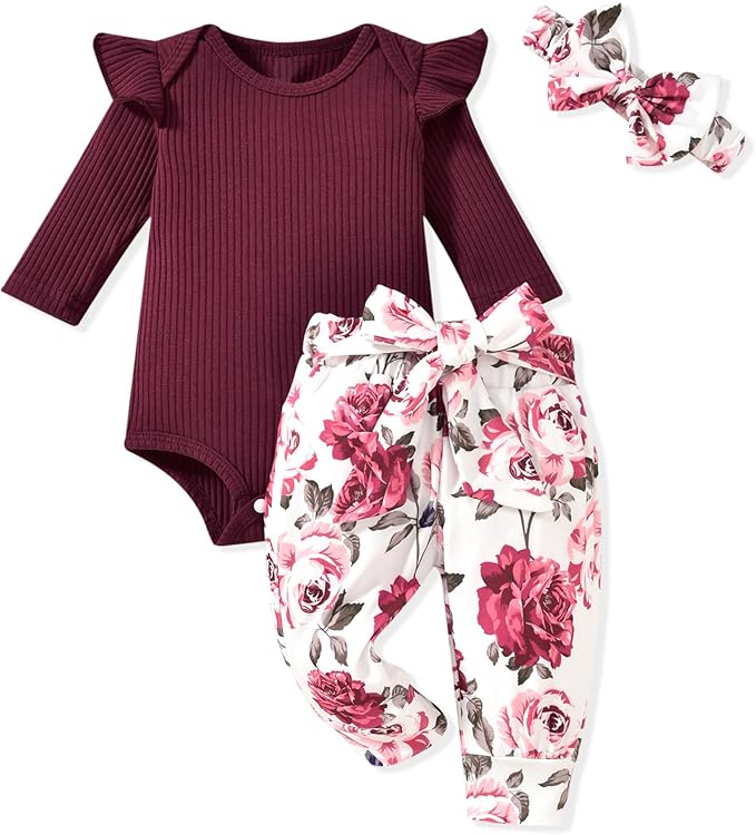Aalizzwell Preemie Newborn Infant Baby Girls Clothes Ribbed Romper Bodysuit Pants Set Fall Winter Outfits
