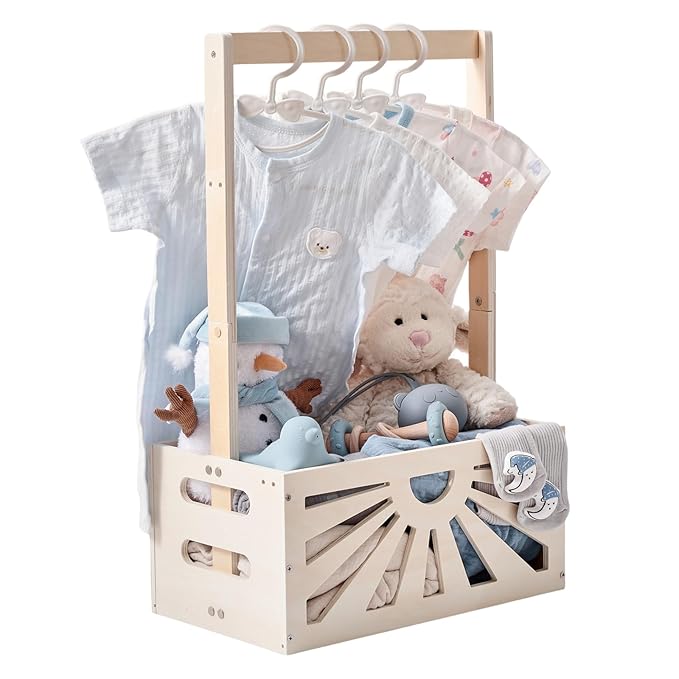 Wooden Baby Shower Crate Closet, Baby Basket with Adjustable Handle, Baby Clothing Rack，Storage Crate Hamper, Baby Shower Wooden Gift Crate, Baby Personailzed Basket for Pregnancy New Parent