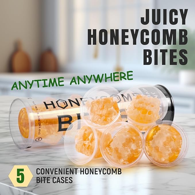 Jamie’s Hive To Table 100% Raw Honeycomb Bites, 3.3 Oz, 5 Bites – Pure Honeycomb Straight from the Hive – Made in USA, Product of Georgia – No Additives or Preservatives, Non-GMO