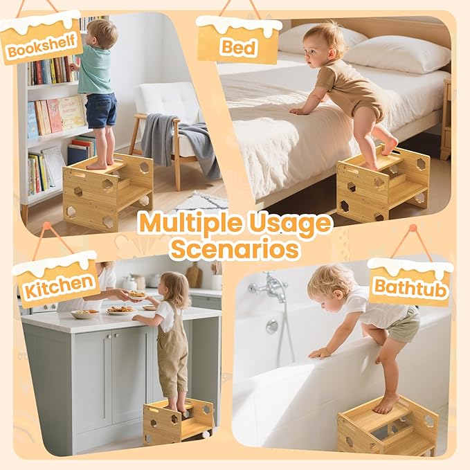 Step Stool for Toddlers Wooden, Flip Design with - Height - Adjustable Non-Slip 2-Step Stool for Kids, Non-Slip Stepping Stool for Bathroom Sink, Toilet Potty Training, Bedroom, Kitchen