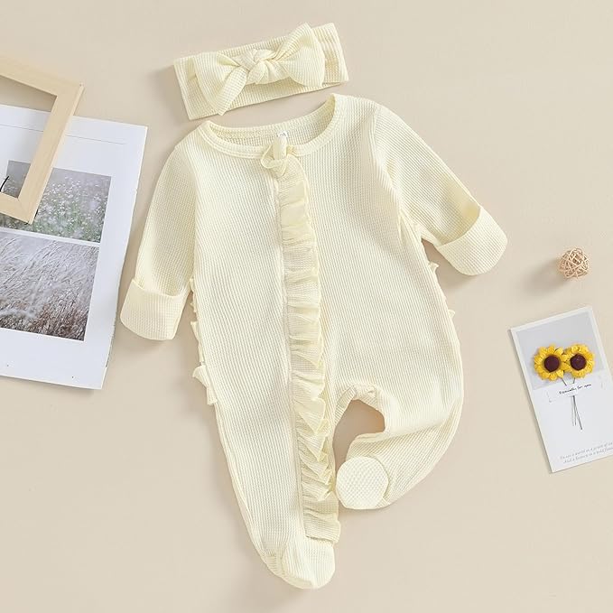 Newborn Girl Clothes Baby Girl Coming Home Outfit Zipper One-piece Outfits Ruffle Footie Bodysuit Jumpsuit Headband