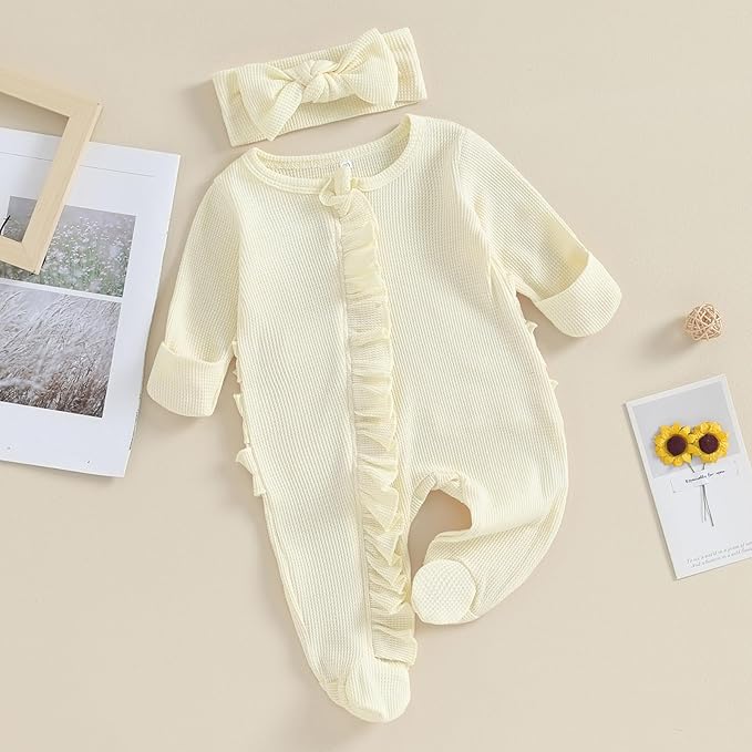 Fanvereka Newborn Infant Baby Girl Fall Outfit Romper 3 6 12 Months Girls Long Sleeve Full Length Zipper Footie Headband