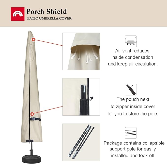 Porch Shield Patio Umbrella Cover - Outdoor Waterproof Garden Market Parasol Covers Fits Market Umbrella 7-10 Feet, Beige