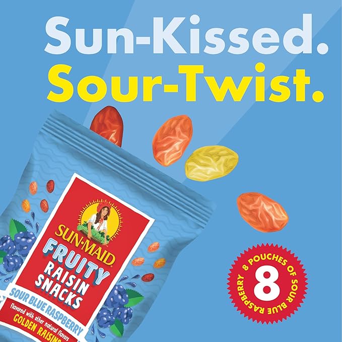 Sun-Maid Fruity Raisin Snack Variety Pack - Sour Strawberry, Watermelon & Blue Raspberry - (24 Pack) 1.33 oz Pouches - Tastes Like Sour Candy - Back To School Snacks
