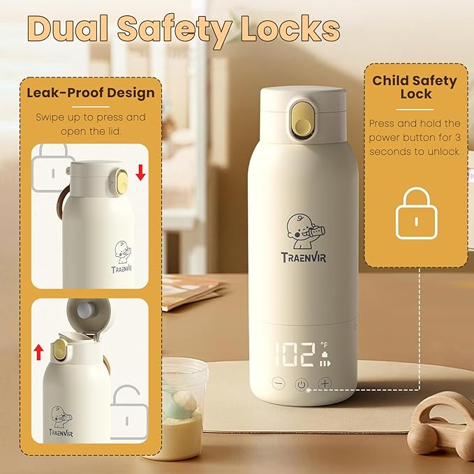 Portable Bottle Warmer for Travel, 17oz Baby Bottle Warmer on The Go for Fast Heating Breast Milk & Water Removable Long Battery, Smart Temp Control for Vehicle, Car, Airplane & Journey