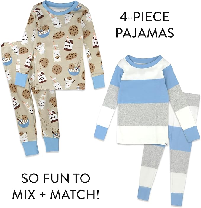 HonestBaby 4 Piece Pajamas Sleepwear Pjs 100% Organic Cotton for Infant Baby and Toddler Boys, Girls, Unisex