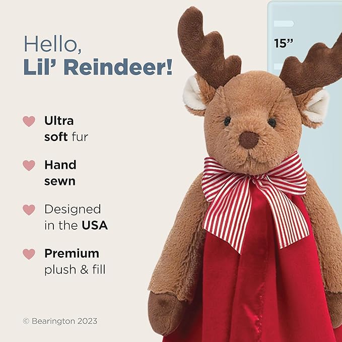 Bearington Baby Lil' Reindeer Snuggler, 15 Inch Christmas Plush Stuffed Animal Security Blanket Lovey for Babies