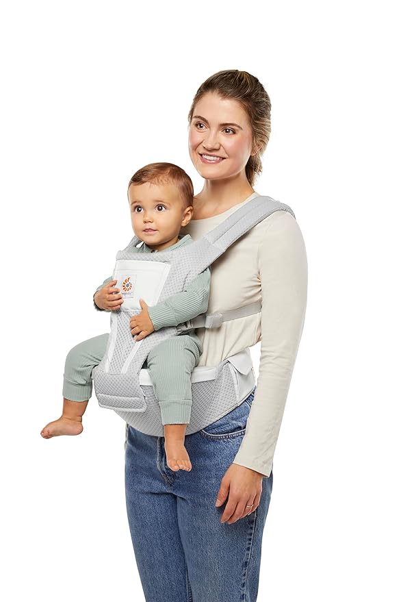 Ergobaby Alta 2-in1 Hip Seat and Carrier - All-Position Breathable Mesh Baby Carrier for 4-48 Months (12lbs - 45lbs) - Breathable Baby Carriers for Summer - SoftFlex™ Mesh - Pearl Grey
