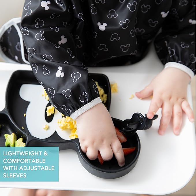 Bumkins Disney Bibs, Baby and Toddler Girls and Boys 6-24 Months, Long Sleeve, Essential Must Have for Eating, Feeding, Mess Saving Lightweight Waterproof Fabric Sleeved Smock, Mickey Mouse Icon