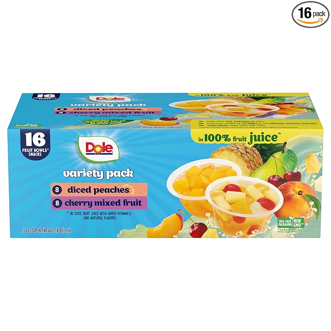 Dole Diced Peaches and Cherry Mixed Fruit in 100% Juice Variety Pack - Dole Fruit Bowls Snacks - 4 oz Bowls - 16 Pack