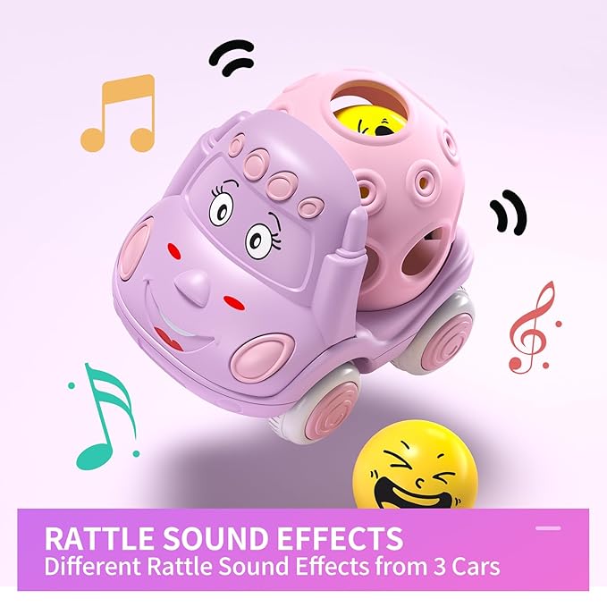 Baby Girl Toy Cars for Toddlers 1-3, Push and Go Rattle Cars for Baby Toy 6-9-12-18 Months, First Birthday Gifts for 1 2 Year Old Girls, Infant Pink Friction Truck Set