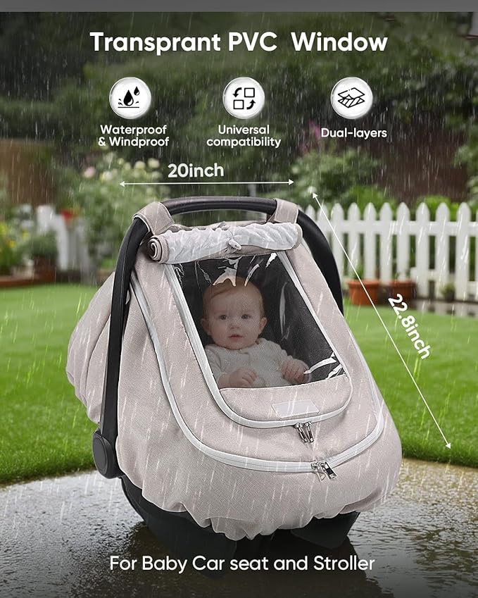 Waterproof Car Seat Cover for Baby, 2-Layer Car Seat Rain Cover with Clear Window & Sunshade & Mesh Cover, Universal Infant Carseat Canopy for Stroller, Protect from Rain and Snow - Beige