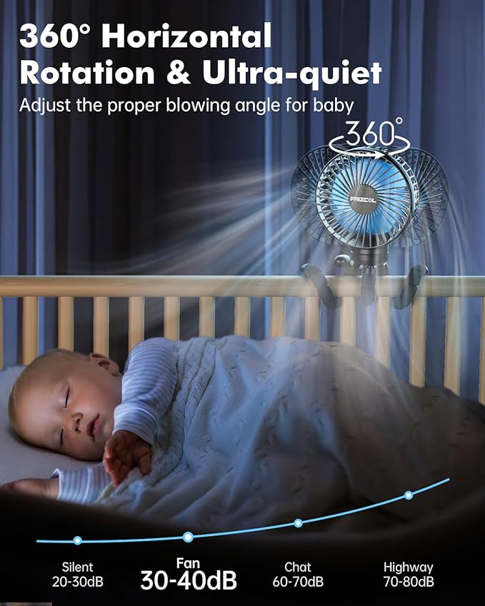 FRIZCOL Stroller Fan for Baby - Portable Fan Rechargeable - Battery Operated Fan(Use for 24Hrs) - Fan for Handheld/Clip On/Car Seat/Desk/Camping