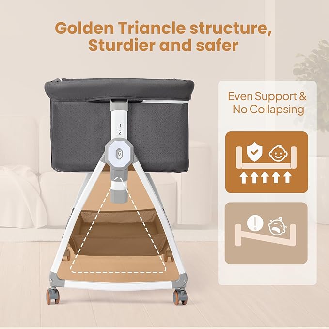 JOYMOR 3 in 1 Baby Bassinet, Bedside Bassinet for Baby, with Comfy Mattress and Wheels, 6 Height Adjustable Easy Folding Portable Bedside Crib for Newborn (Black)