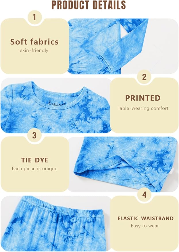 Jimonda Kids Toddler Soft Rayon From Bamboo Pajamas Long Sleeve Boys Girls Sleepwear Outdoor 4pcs Set Tops&Pants Tie Dye Pj