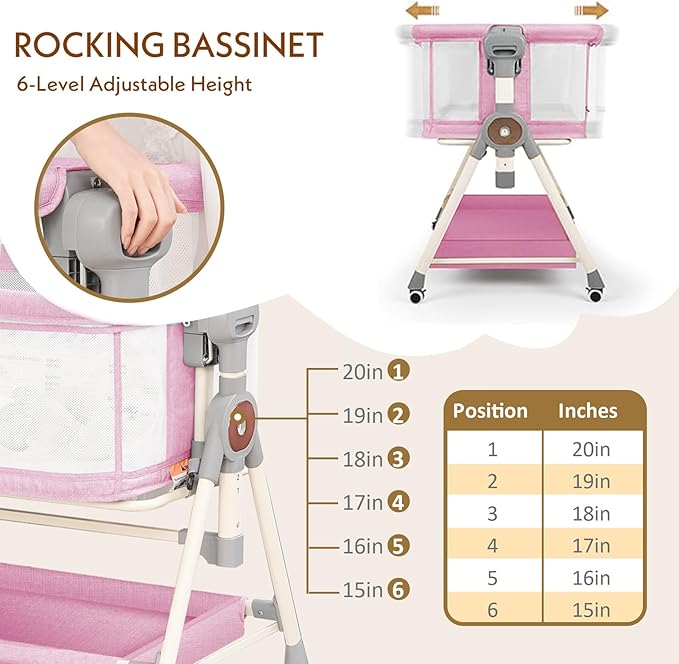 Baby Bassinet, Rocking Bassinet with Waterproof Sheet, 3-in-1 Baby Bassinets Bedside Sleeper, 6 Height Adjustable Pink Bassinet