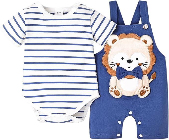 Baby Boy Clothes Newborn Outfits Stripe Romper Infant Cartoon Overall Adjustable Suspender Pants Set 0-18 Months