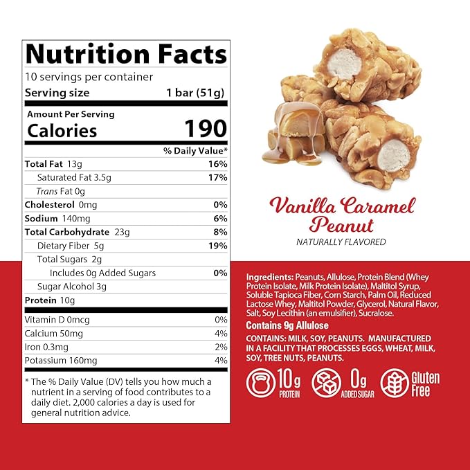 Genius Gourmet Nut Roll Bars Vanilla Caramel Peanut – 10g Protien, Zero Added Sugar, Gluten Free, Non-GMO – Sweet Snack & Dessert for Adults and Kids – 10 Ct Box