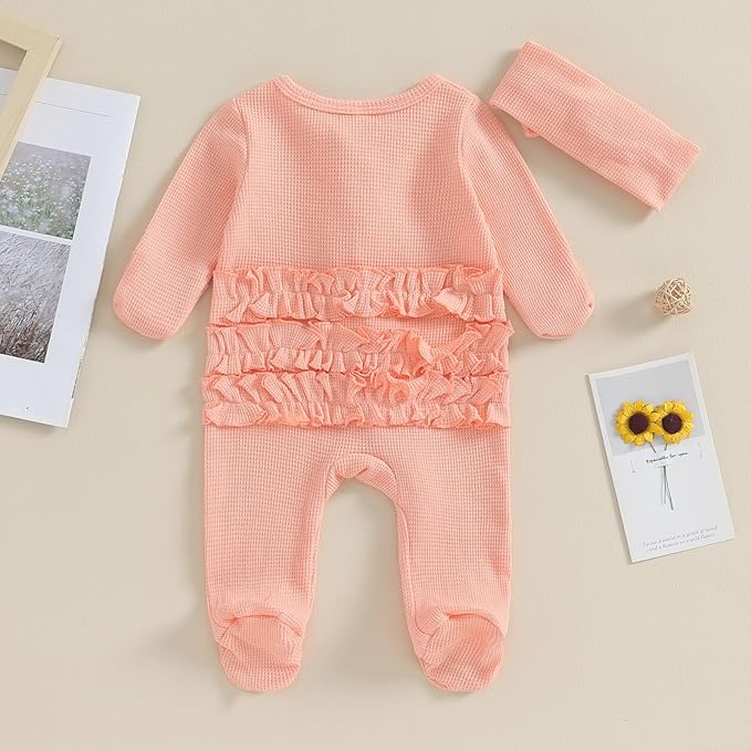 Newborn Girl Clothes Baby Girl Coming Home Outfit Zipper One-piece Outfits Ruffle Footie Bodysuit Jumpsuit Headband