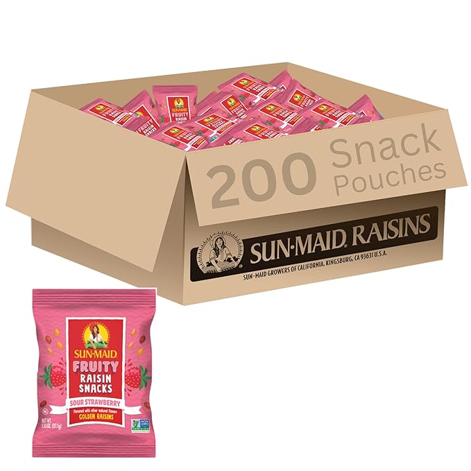 Sun-Maid Sour Strawberry Fruity Raisin Snacks - (200 Pack) 1.33 oz Pouches - Sour Strawberry Raisins - Dried Fruit Snack for Lunches and Snacks