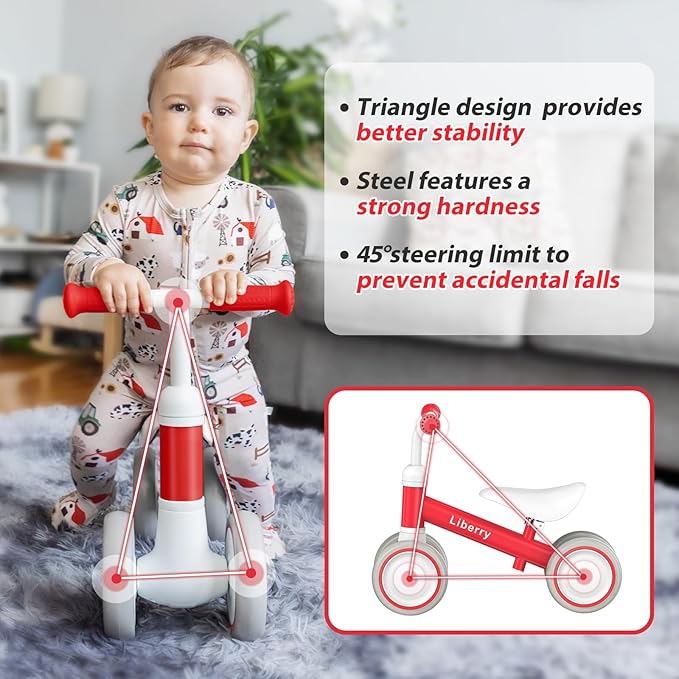 Liberry Baby Balance Bike for 1 Year Old Girls, 4 Wheels Toddler Balance Bike with Adjustable Seat, 12-24 Months Infant's First Birthday Gift (Red)