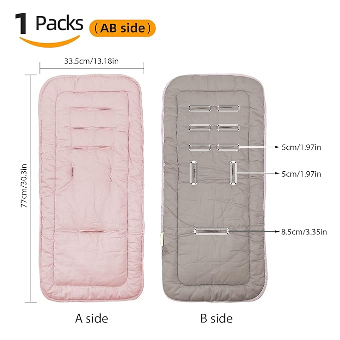 Baby Stroller Cushion, Infant Car Seat Insert-Universal Breathable and Soft Newborn Stroller Mat-100% Cotton Cover Toddler Seat Pad Liner for Stroller, 34x78cm,1 Pack（Grey+Pink）