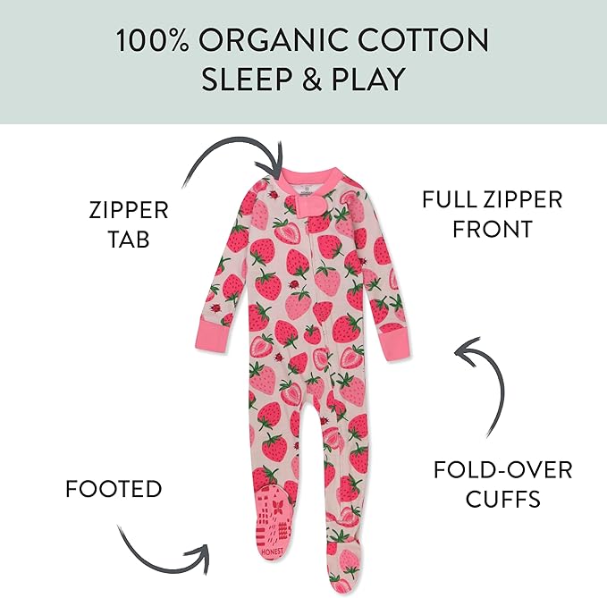 HonestBaby Non-Slip Footed Pajamas One-Piece Sleeper Zip-Front Pjs 100% Organic Cotton for Baby Girls