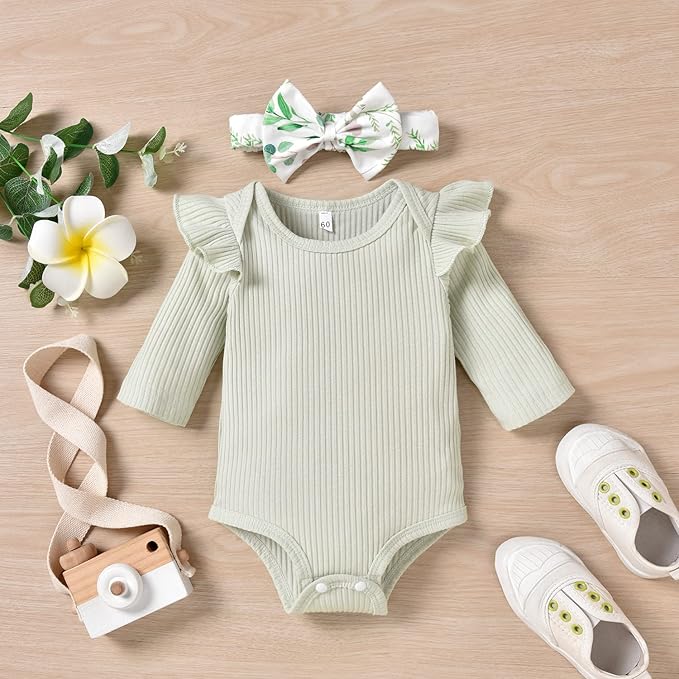 Aalizzwell Preemie Newborn Infant Baby Girls Clothes Ribbed Romper Bodysuit Pants Set Fall Winter Outfits