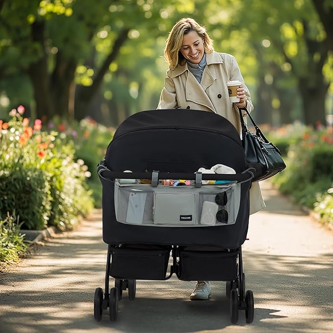 Double Stroller Organizer with 2 Insulated Cup Holders for Bob Duallie Baby Jogger City Mini GT2 Baby Stroller Accessories with Cooler Bottle Bag Parent Console Jogging Stroller Organizer