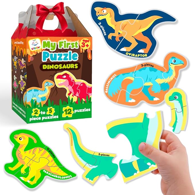 My First Puzzle – Montessori Toy | Dinosaur Montessori Toys Puzzle | Learning Resources Puzzles | 12 Dinosaur Themed Graded Puzzles (2-5 Pieces) | Gifts for Kids for 3 Year Old