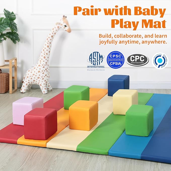 Foam Building Blocks for Toddlers：12-Pieces Wipeable Leather Stacking Cubes Kids - Large Soft Toys Play Set for Learning Construction Baby Preschool Daycare Therapy Birthday Gift (Rainbow)