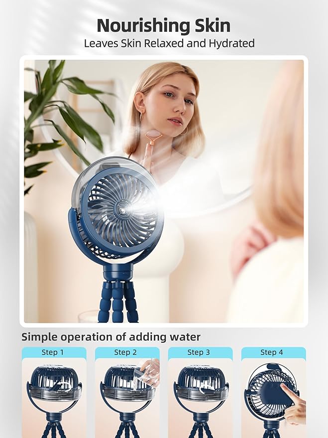 Misting Stroller Fan, 6000mAh Battery Operated Portable Fan with Light & 360° Pivoting, Personal Cooling Fans with Flexible Tripod for Baby, Office, Travel,Treadmill,Outdoors (Dark Blue)