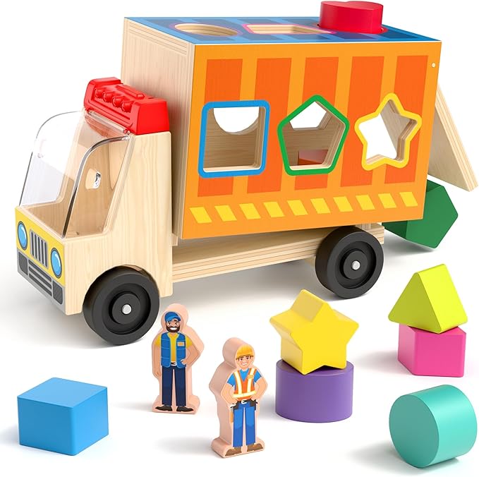 Coogam Montessori Sorting Toys for Toddles, Wooden Color Shape Sorter Truck Toy with 2 Play Figures - Fine Motor Educational Learning Gift Toy for Kids 2 3 4 Year Old