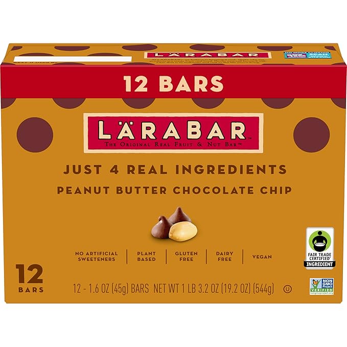 Larabar Peanut Butter Chocolate Chip, Fruit and Nut Bars, Gluten Free and Vegan, 19.2 oz, 12 Ct