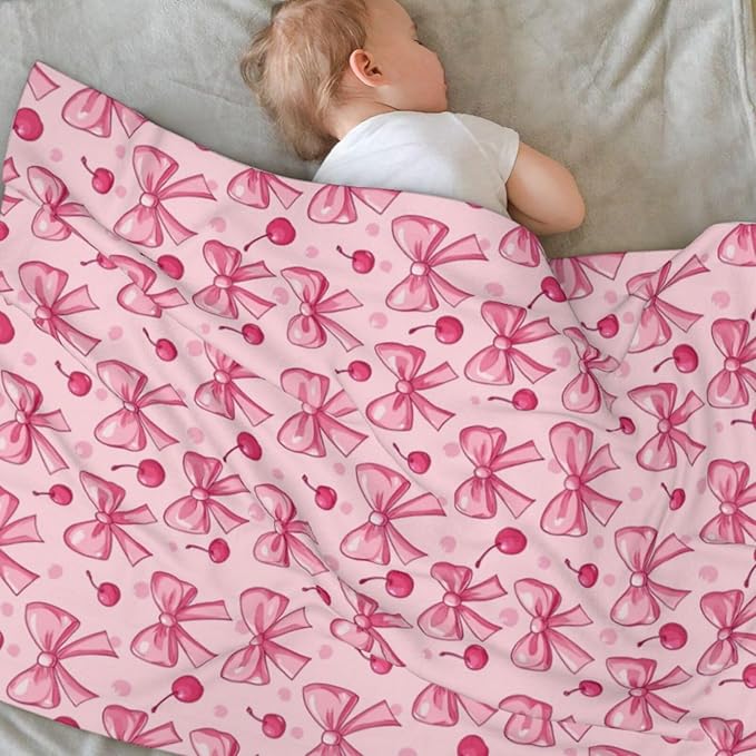 Baby Blanket Pink Bows Cherry for Boy Girl Newborn 30x40 Inch Toddler Infant Nursery Throw Blankets Double Layer Comfy Soft Plush Stroller Crib Quilt