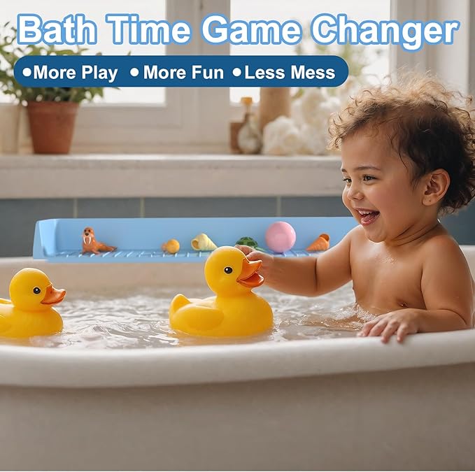 Longer Splash Guard for Bathtub Kids, Silicone Water Splash Guard, Toy Tray Caddy Holder for Tub, Bathtub Splash Guard Prevent Water Spills in Bathroom (2.6FT, Blue)