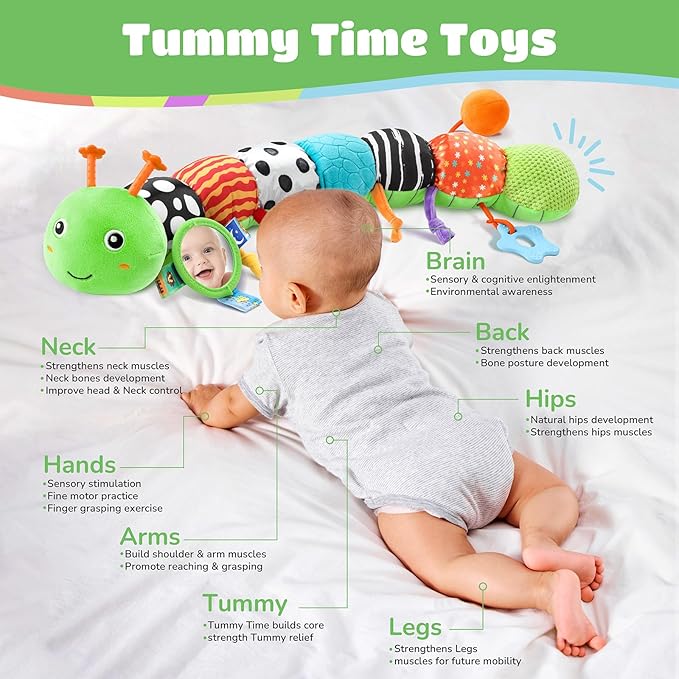Baby Toys 6-12 Months Music Caterpillar Infant Toys Stuffed Animals 0-3-6 Months Tummy Time Teething Sensory Toys with Mirror Rattle&Pull String for Boys Girls Birthday Gifts|Green,Knot Limb
