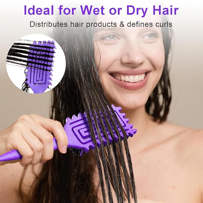 Curly Hair Brush, Curl Defining Brush with Soft Boar Bristles Detangling Tangled Glides, Wide-Teeth Design Effortlessly Shaping & Defining Curls, Curling Definer for Wet & Dry Hair (Purple)
